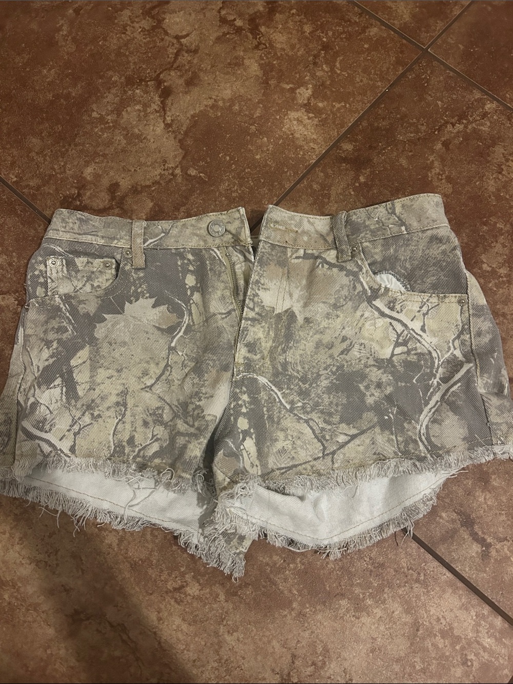 Blue Asphalt Beige & Gray Camouflage Frayed Hem Jean Shorts